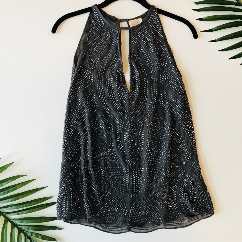 Parker Silk Gray and Silver Beaded Halter Top